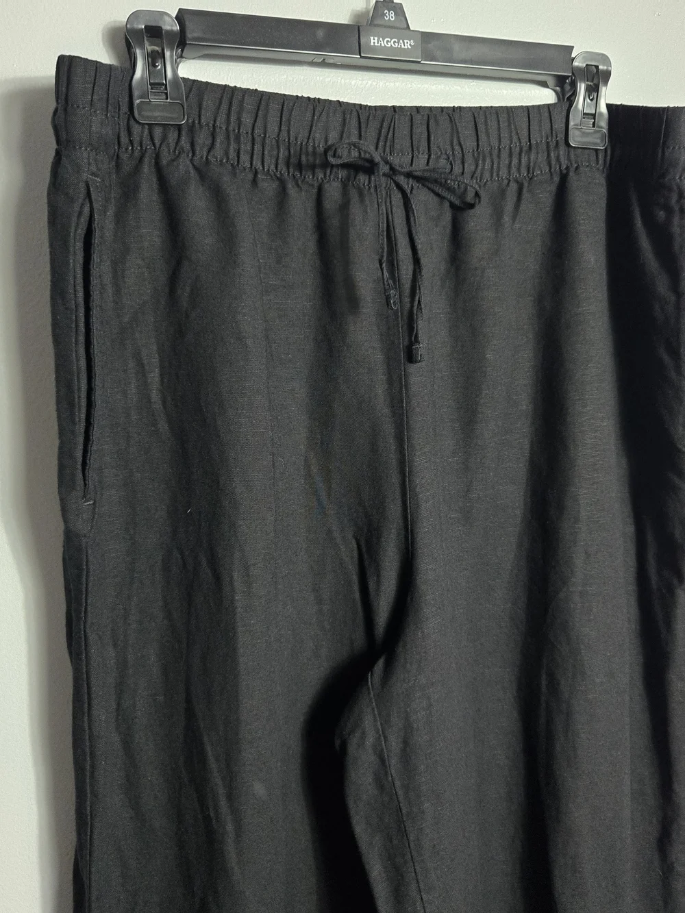 H&M Black Linen Blend Drawstring Elastic Waist Wide Leg Pants Trousers Large